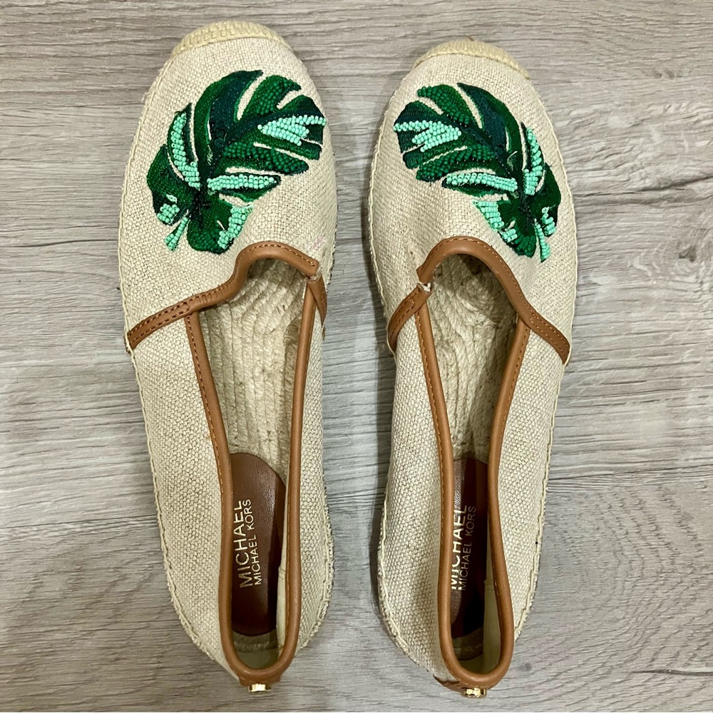 Michael Kors Beaded Espadrilles Leaf Embellished Slip On Flats Boho Resort